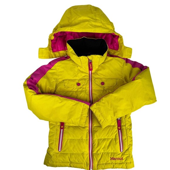 Marmot Other - Marmot Girls Puffer Down Jacket Yellow Pink XS Warm Insulated Hooded Windproof